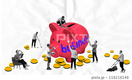 Team of workers polishing giant piggy bank labeled business, representing idea of collective effort, business growth and profitability. Contemporary art collage. 118218148