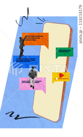 Team communicating online via text message on mobile phone. Digital communication and innovation. Contemporary art collage. 118218176