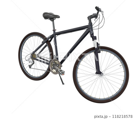 Black bicycle standing on kickstand, front side view isolated on white background, 3D illustration 118218578