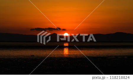 美しい夕焼け光芒を浴びているシチメンソウ風景(七面草)「東よか干潟ビジターセンターひがさす(佐賀市」 118218824