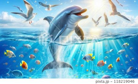 海で楽しむイルカのイラスト素材 [118219046] - PIXTA