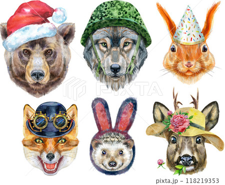 Portraits of wild animals of Eurasia. Bear, wolf, fox, roe deer, hedgehog and red squirrel 118219353