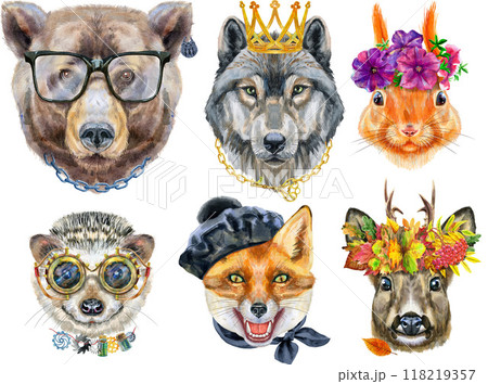 Portraits of wild animals of Eurasia. Bear, wolf, fox, roe deer, hedgehog and red squirrel 118219357