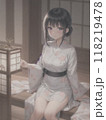 合掌造りの和室の縁側に座る着物姿の女性 118219478