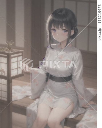 合掌造りの和室の縁側に座る着物姿の女性 118219478