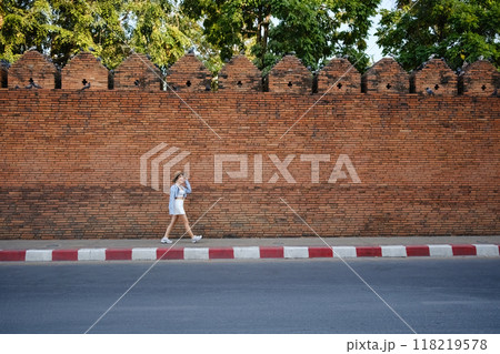 A woman is walking down a street in front of a brick wall 118219578