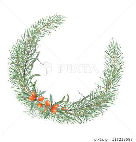 Winter spruce Branches and Juicy Sea Buckthorn berries watercolor wreath. Holiday illustration with copy space for text. For the design of invitation, greetings, advertising posters, New Year cards Winter spruce Branches and Juicy Sea Buckthorn berries watercolor wreath. Holiday illustration with copy space for text. For the design of invitation, greetings, advertising posters, New Year cards 118219583