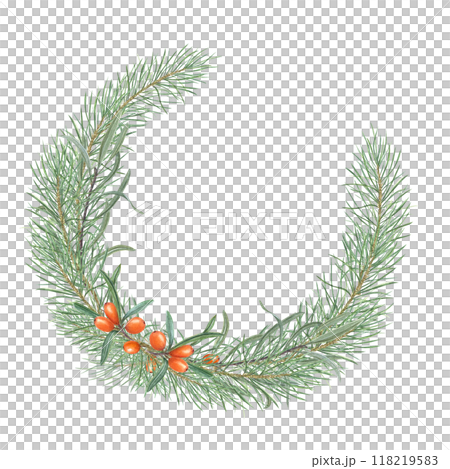 Winter spruce Branches and Juicy Sea Buckthorn berries watercolor wreath. Holiday illustration with copy space for text. For the design of invitation, greetings, advertising posters, New Year cards Winter spruce Branches and Juicy Sea Buckthorn berries watercolor wreath. Holiday illustration with copy space for text. For the design of invitation, greetings, advertising posters, New Year cards 118219583