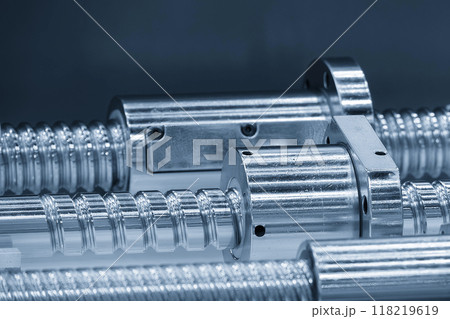 Closeup scene the spare parts  lead ball screw set in the light blue scene. 118219619
