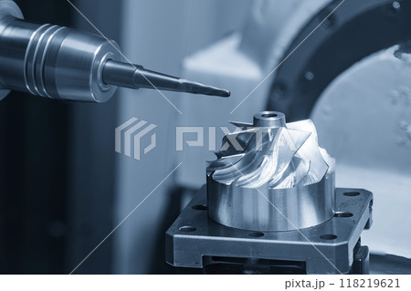 The 5-axis CNC milling machine cutting the turbocharger part with solid taper ball end mill tool. The 5-axis CNC milling machine cutting the turbocharger part with solid taper ball end mill tool. 118219621