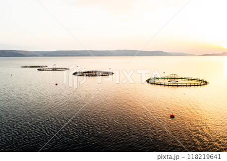 Croatian fish farm infrastructure in Adriatic Sea aerial view. Demonstration of innovative techniques used to ensure sustainable fish breeding 118219641