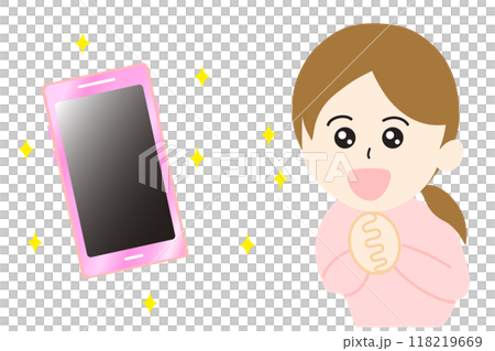 目をキラキラ輝かせて新しいスマートフォンの発売を楽しみにしている女性のイラスト 118219669