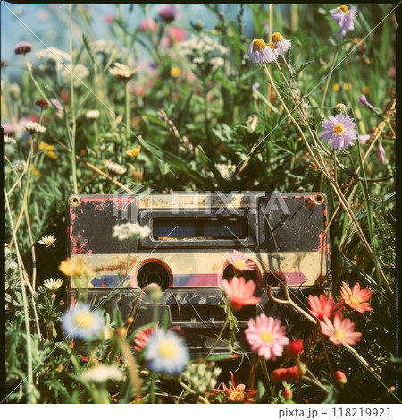 Nostalgic vintage cassette tape lies amidst vibrant wildflowers, evoking memories of music intertwined with nature 118219921