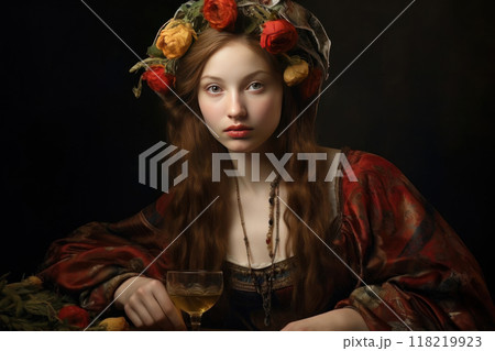Experience the allure of classic art with this AI generated portrait of a Renaissance inspired woman 118219923