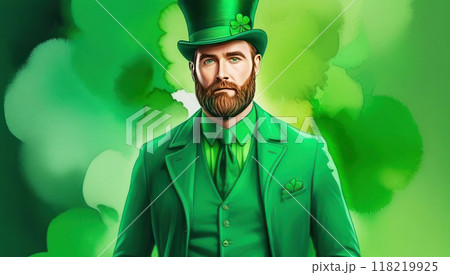 A dapper gentleman dons a green suit and top hat, exuding Saint Patrick's Day vibes 118219925