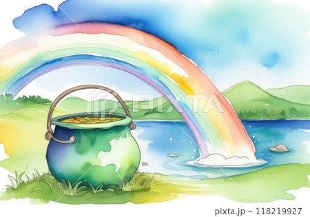 Whimsical watercolor illustration of a pot of gold at the end of a vibrant rainbow 118219927