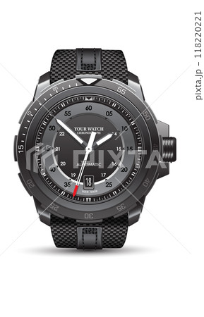 Realistic watch clock black steel face white arrow number with fabric strap on isolated design classic luxury vector 118220221
