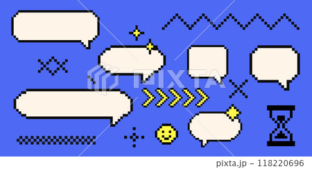 Set of pixel art cloud bubble quote box speech bubble dialog retro 8 bit arcade game interface, manga. Comic chat rectange pixel elements, arrow, star, heart. 118220696