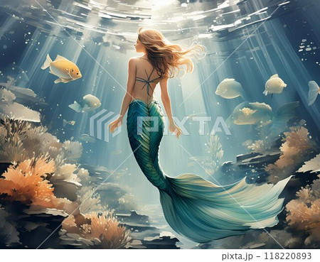 水彩画で描かれた人魚のイラスト素材 [118220893] - PIXTA