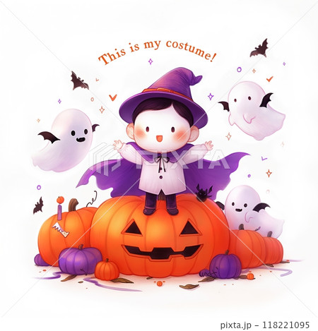 Adorable child in witch costume celebrating halloween with pumpkins and ghosts with lettering This is my costume 118221095