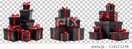 Set of isolated pile of black gift boxes with red ribbon on a transparent background for Black Friday sales or celebration events. Front view. 118221246