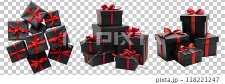 Set of isolated pile of black gift boxes with red ribbon on a transparent background for Black Friday sales or celebration events. Front and top view. 118221247