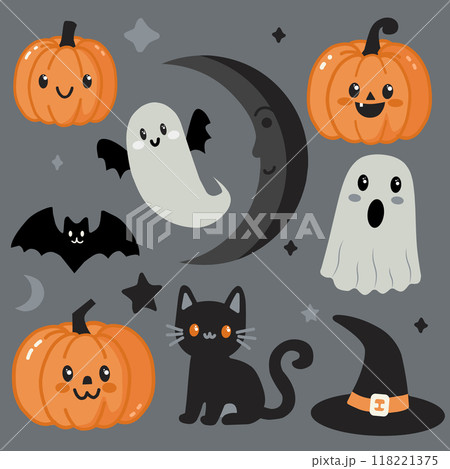 Autumn vector landscape in orange and yellow colors. Cozy illustration with wooden house, trees and autumn sky. 118221375