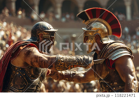 Gladiator fight in a dusty arena. Swing of a sword weapon in a battle of ancient warriors. Gladiator fight in a dusty arena. Swing of a sword weapon in a battle of ancient warriors. 118221471