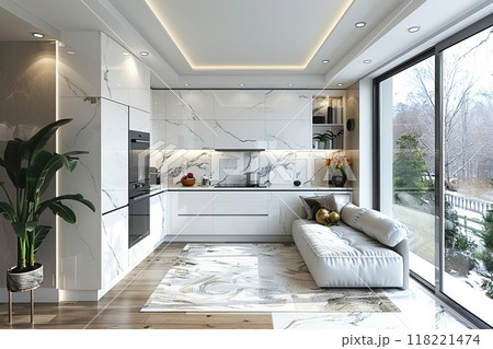 Kitchen European modern style interior design in white with neon lighting lamps. Kitchen European modern style interior design in white with neon lighting lamps. 118221474