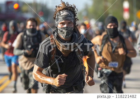 Protest of aggressive people in smoke, armed in mask at night. Burning cars, police with guns. Protest of aggressive people in smoke, armed in mask at night. Burning cars, police with guns. 118221482