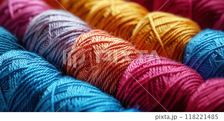 Threads sewing cotton knitting tailors colored background in a row for needlework woolen. 118221485