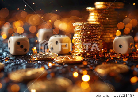 Gold coins lie in a stack with dice, winning the lottery. Wealth success concept in casino. 118221487