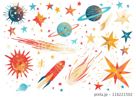 set of celestial effects, such as comets, shooting stars, and nebulae, set against a white backdrop. 118221502