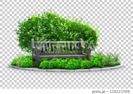 peaceful corner of a garden with a green bush and a bench, the elements isolated on a white surface. 118221509