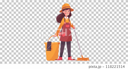 A cleaning worker in a uniform, holding a mop and a bucket, on a white background. 118221514