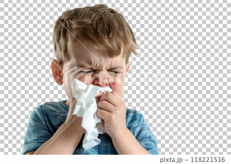 A crying little boy with a crumpled tissue in his hand, against a white background. 118221516