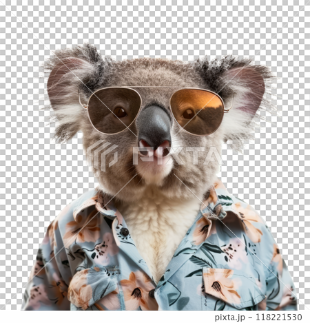 Cool koala in aviator sunglasses and a breezy button-up shirt, isolated on white 118221530