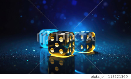 Casino craps dice close up dices floating in the air on a blurred blue background. 118221569
