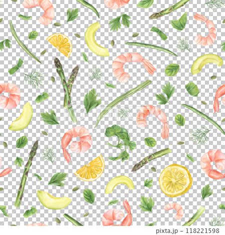 Shrimp, asparagus, beans, herbs, avocado and lemon slices seamless pattern. Flavorful oregano, basil, parsley and dill for seafood. Watercolor healthy food illustration for kitchen textile,  118221598
