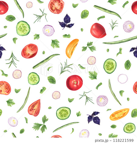 Fresh vegetables and aromatic herbs watercolor seamless pattern. Slices of tomato, onion, cucumber, beans, oregano, rosemary illustration in realistic style. Ingredients for cooking, recipe, menu 118221599