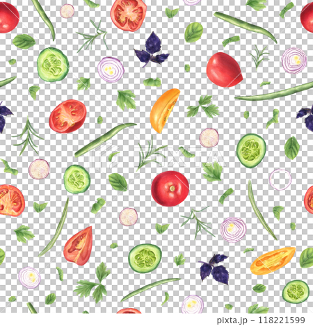 Fresh vegetables and aromatic herbs watercolor seamless pattern. Slices of tomato, onion, cucumber, beans, oregano, rosemary illustration in realistic style. Ingredients for cooking, recipe, menu 118221599
