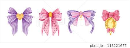 Watercolor bow set, vector hand drawn girly ribbon, romantic vintage cute hair accessories clipart.  118221675