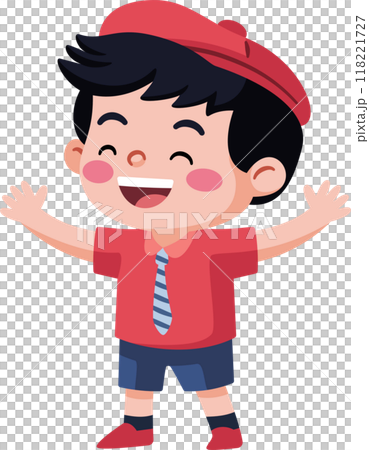 A young boy wearing a red shirt and blue shorts is smiling and waving A young boy wearing a red shirt and blue shorts is smiling and waving 118221727