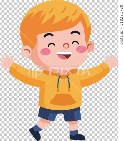 A young boy wearing a yellow shirt and blue shorts is smiling and waving. 118221729