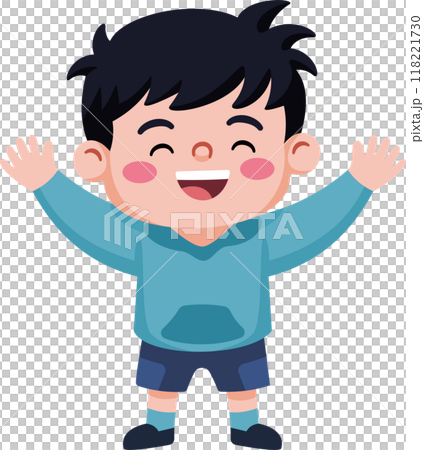 A young boy is smiling and waving his arms in the air 118221730