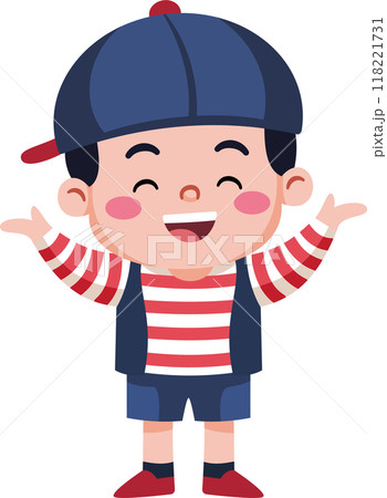 A young boy wearing a red stripe shirt and blue shorts is smiling and waving 118221731
