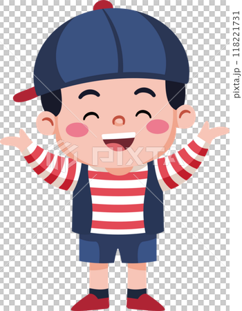 A young boy wearing a red stripe shirt and blue shorts is smiling and waving 118221731