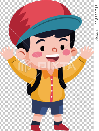 A young boy wearing a yellow shirt and blue shorts is smiling and waving. 118221732