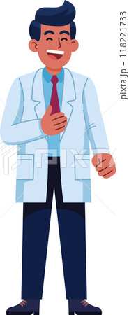 A man in a white lab coat is happy smiling, cheerful. Doctor and Medical. A man in a white lab coat is happy smiling, cheerful. Doctor and Medical. 118221733