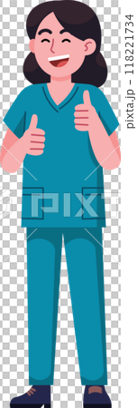 A woman in a blue scrub suit is giving a thumbs up 118221734